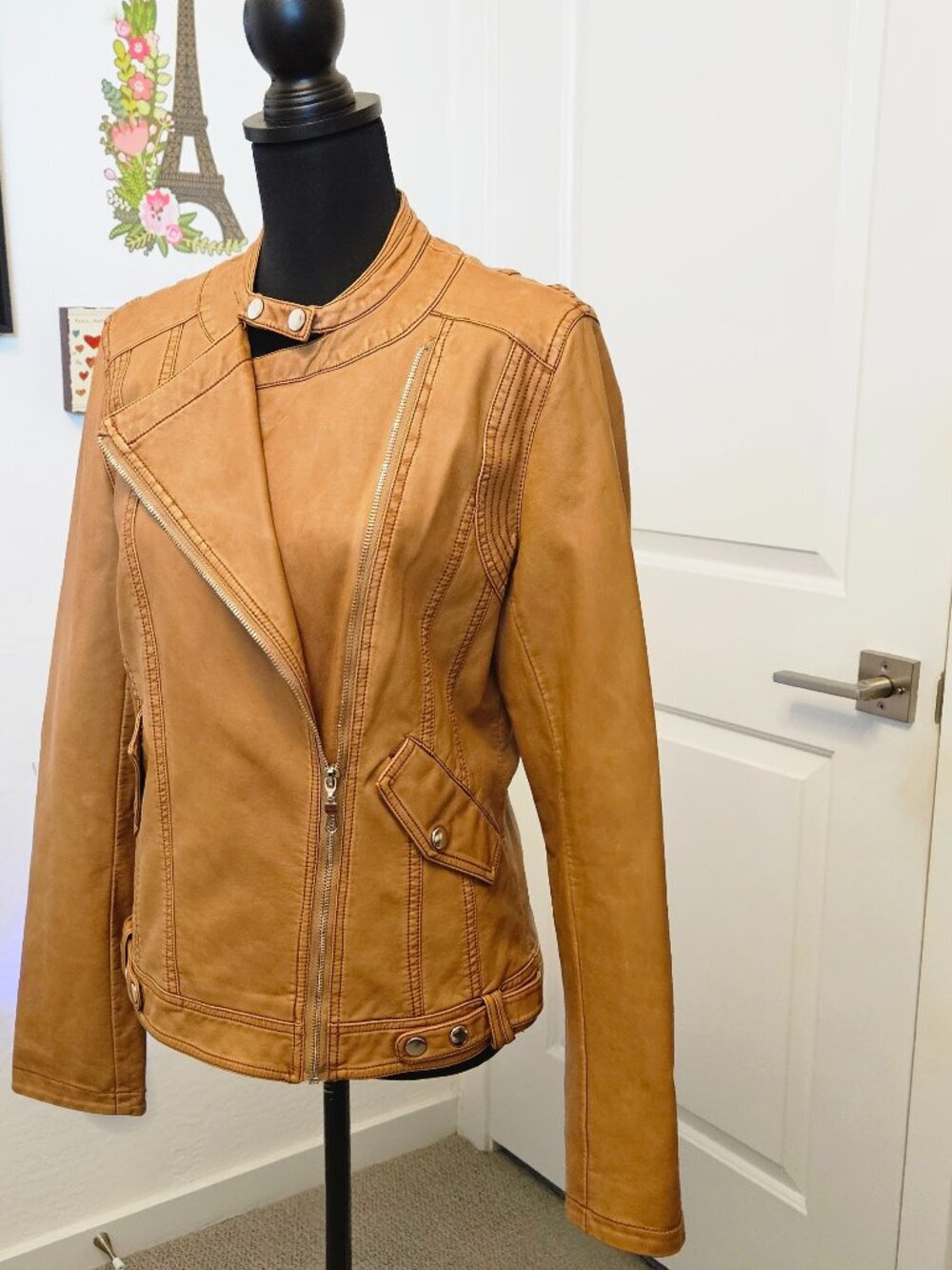 BH Jeans Camel Faux Leather Moto Biker Jacket Women s Size M Y2K Streetwear